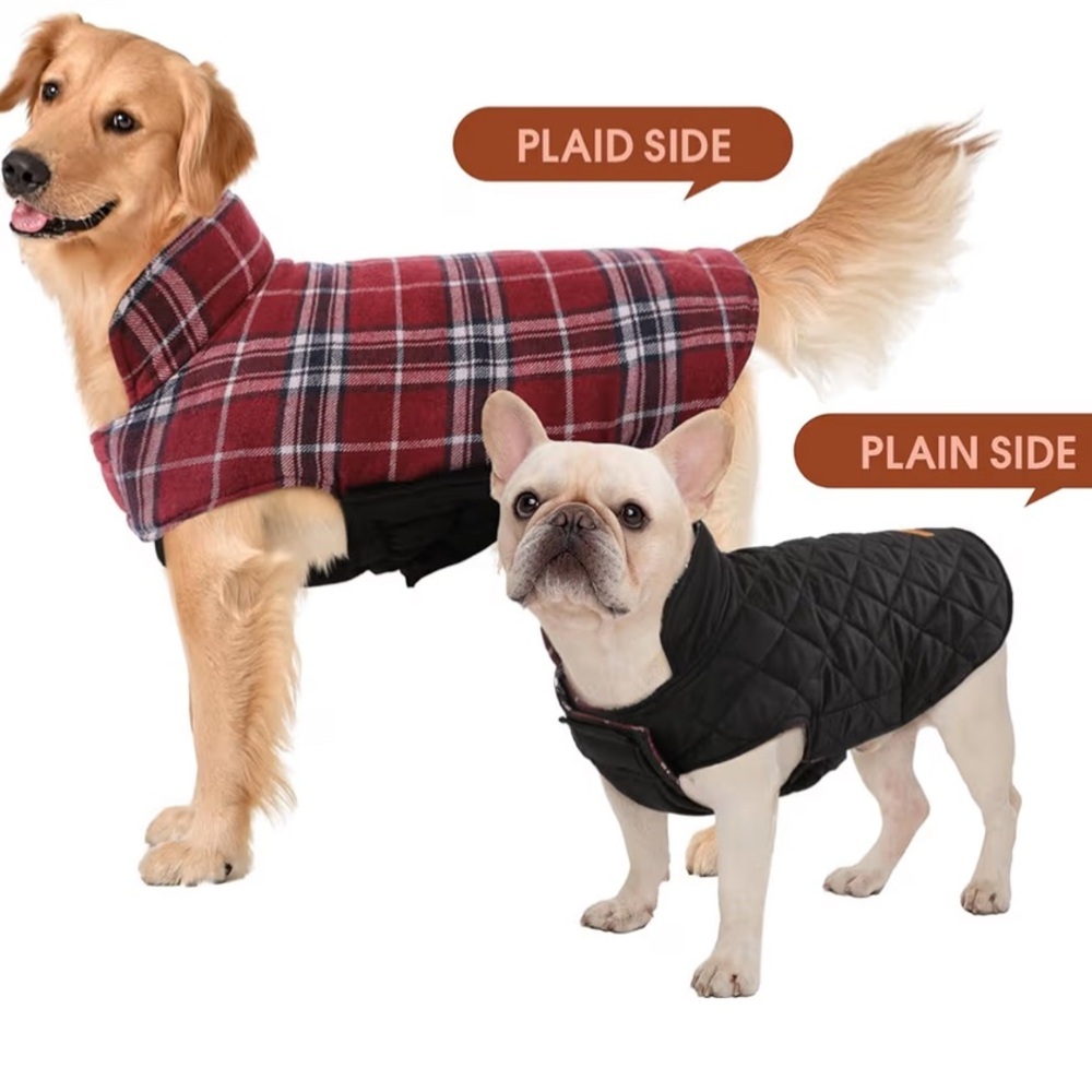 New-Reversible Plaid and Black Dog Jacket
Size Large Warm & Comfortable